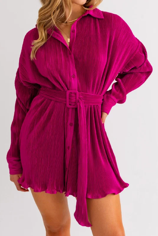 So This Is Love Pleated Shirt Dress In Magenta