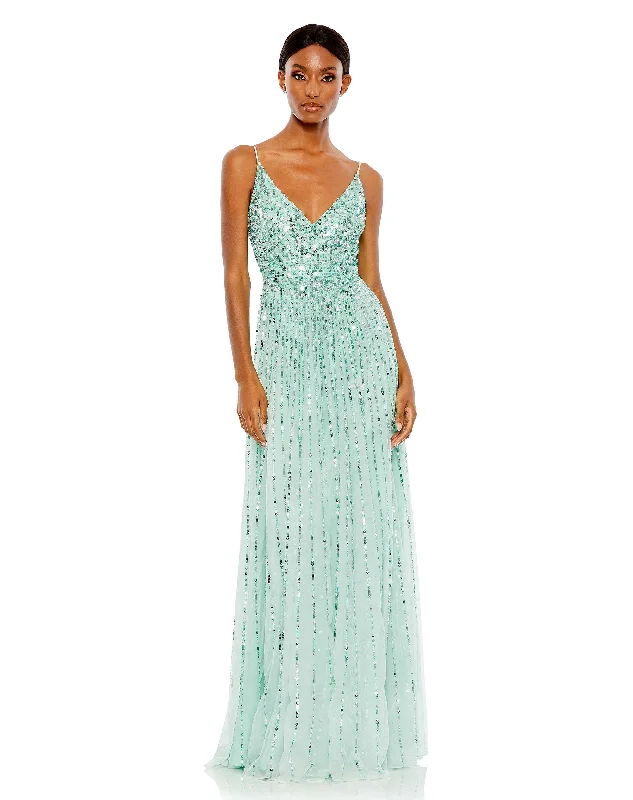 Sequined Sleeveless Wrap Over A Line Gown