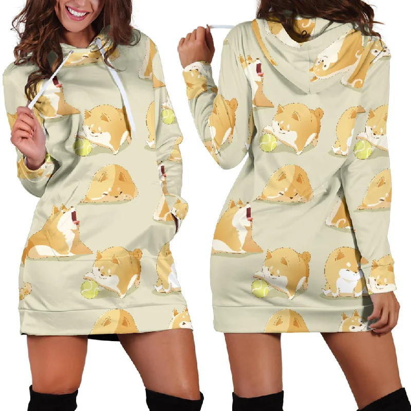 Cute Fat Shiba Inu Dog Pattern Women'S Hoodie Dress