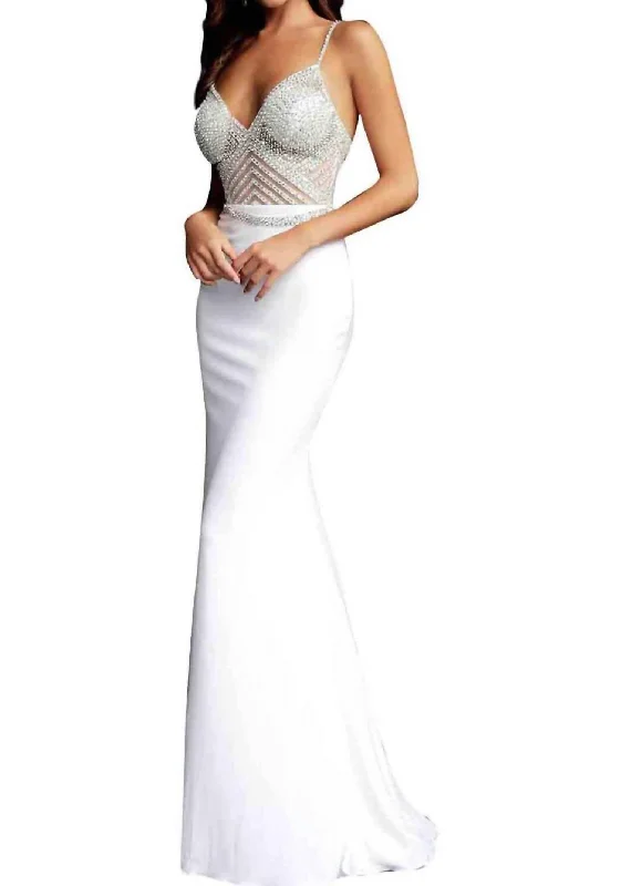 Fitted Embellished Long Gown In Off-White