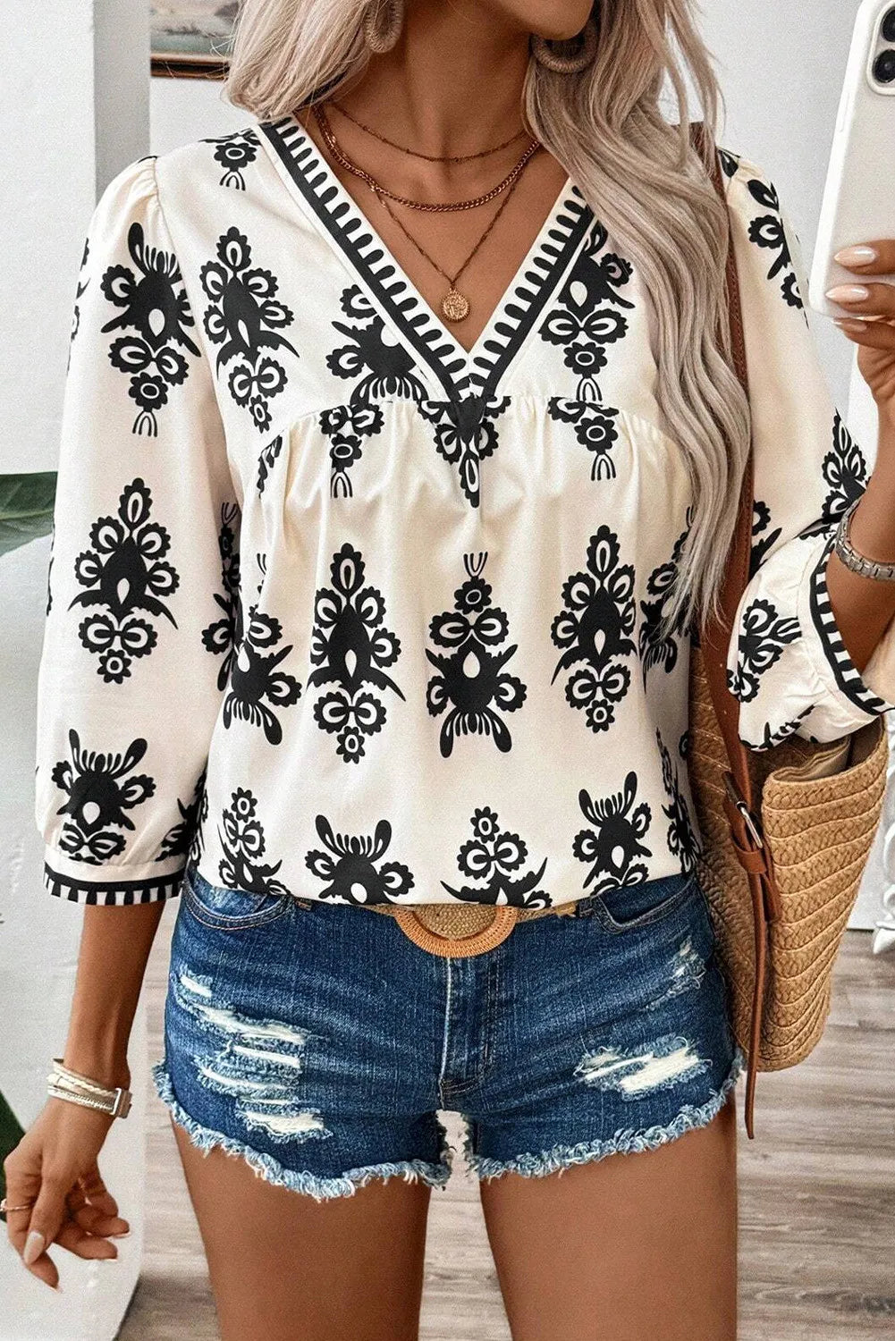 Printed V-Neck Three-Quarter Sleeve Top