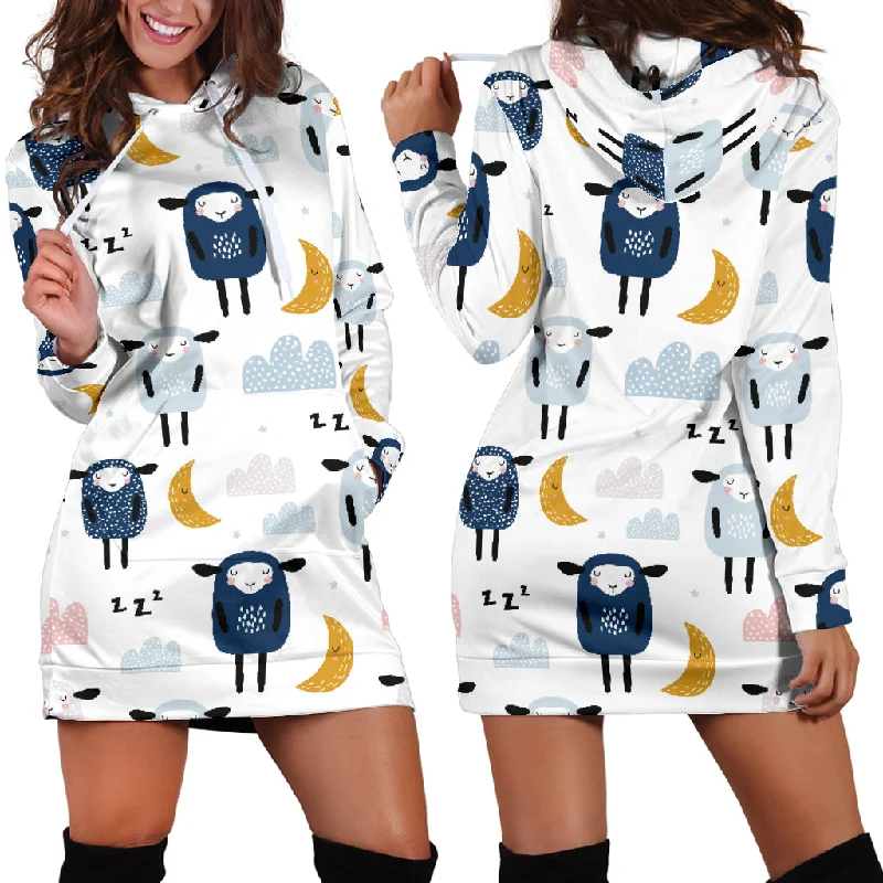 Cute Sleeping Sheep Moon Cloud Pattern Women'S Hoodie Dress