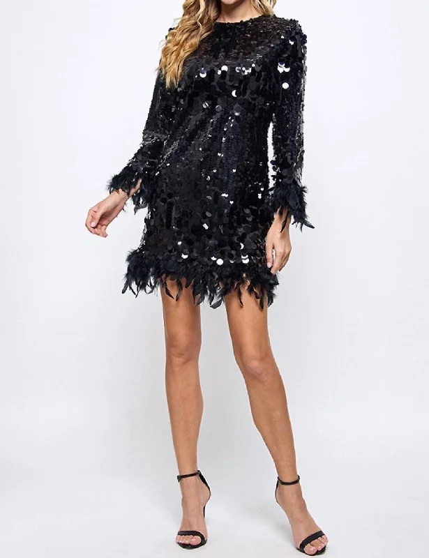 Sequin And Feather Detail Dress In Black