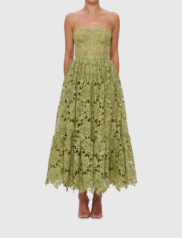 Emilia Lace Bustier Midi Dress In Olive