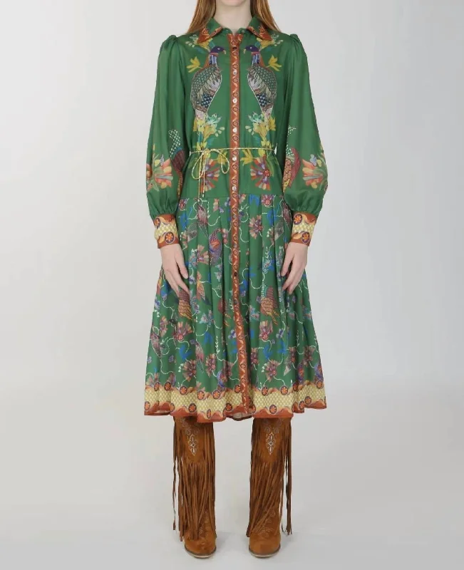 Bird Button-Up Dress In Green