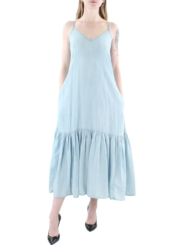 Womens Ruffled V-Neck Midi Dress