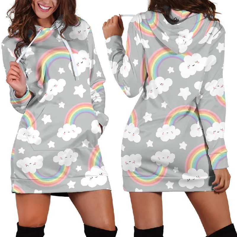 Cute Rainbow Clound Star Pattern Women'S Hoodie Dress