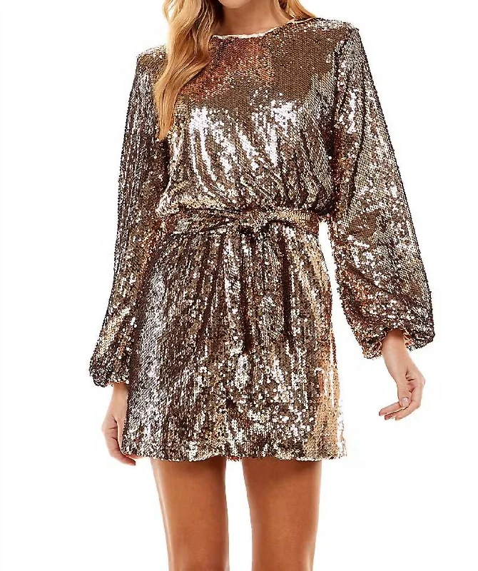 Into The Night Sequin Belted Mini Dress In Copper