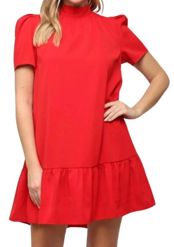 Tie Neck Ruffle Hem Dress In Red