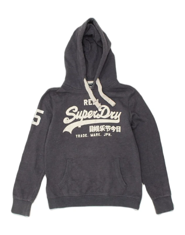 SUPERDRY Womens Graphic Hoodie Jumper UK 12 Medium  Navy Blue Cotton