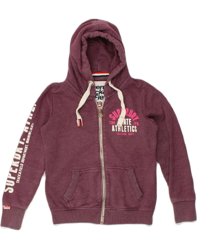 SUPERDRY Womens Graphic Zip Hoodie Sweater UK 14 Medium Burgundy Cotton