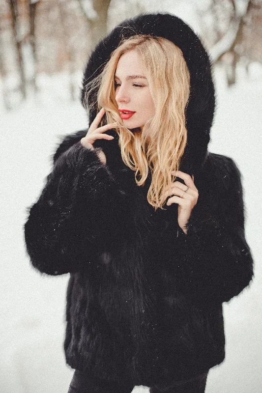 Fox Fur Jacket with Hood (Black)