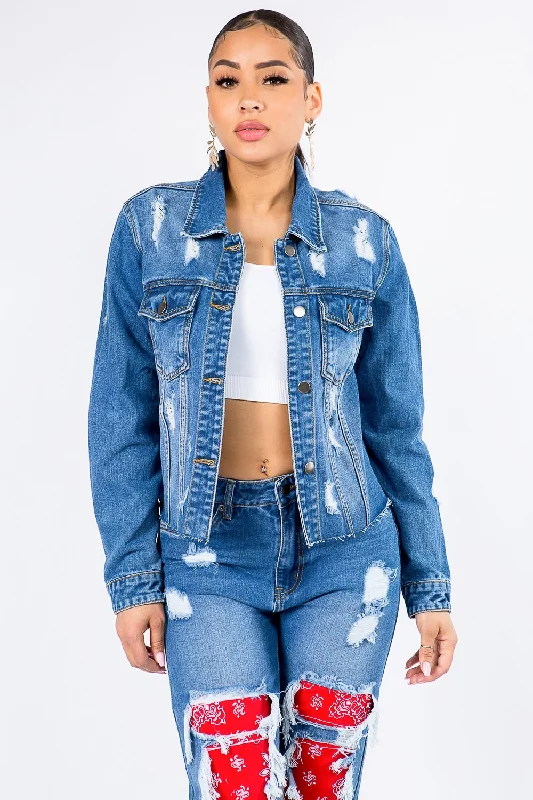 Distressed Bandana Patchwork Denim Jacket