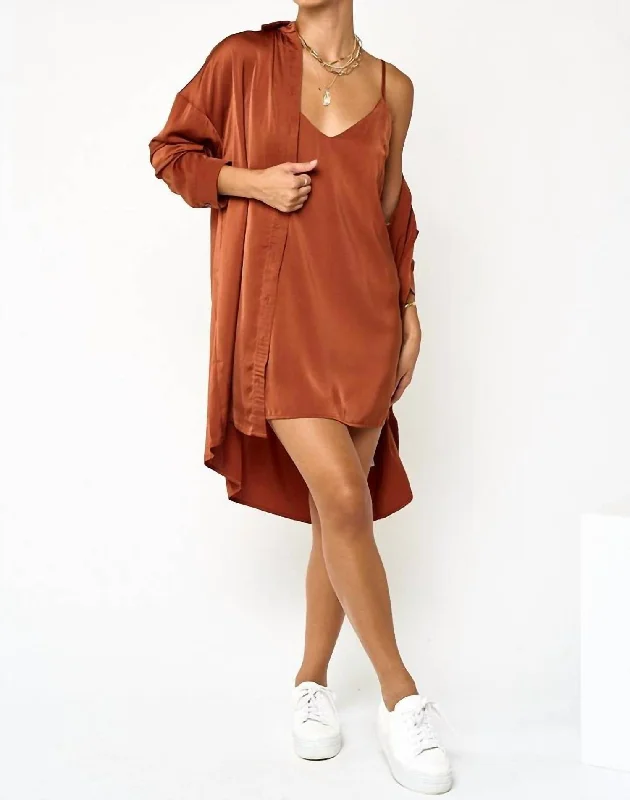 Satin Mini Dress + Button Down Set In Cognac