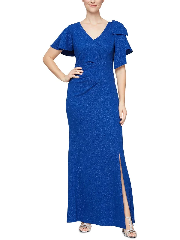 Womens Pleated Bow Evening Dress