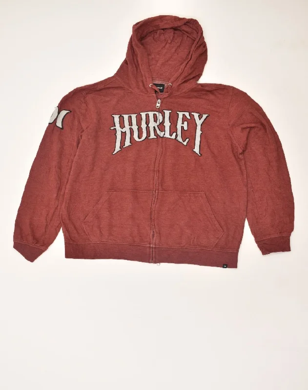 HURLEY Womens Graphic Zip Hoodie Sweater UK 16 Large Burgundy Cotton