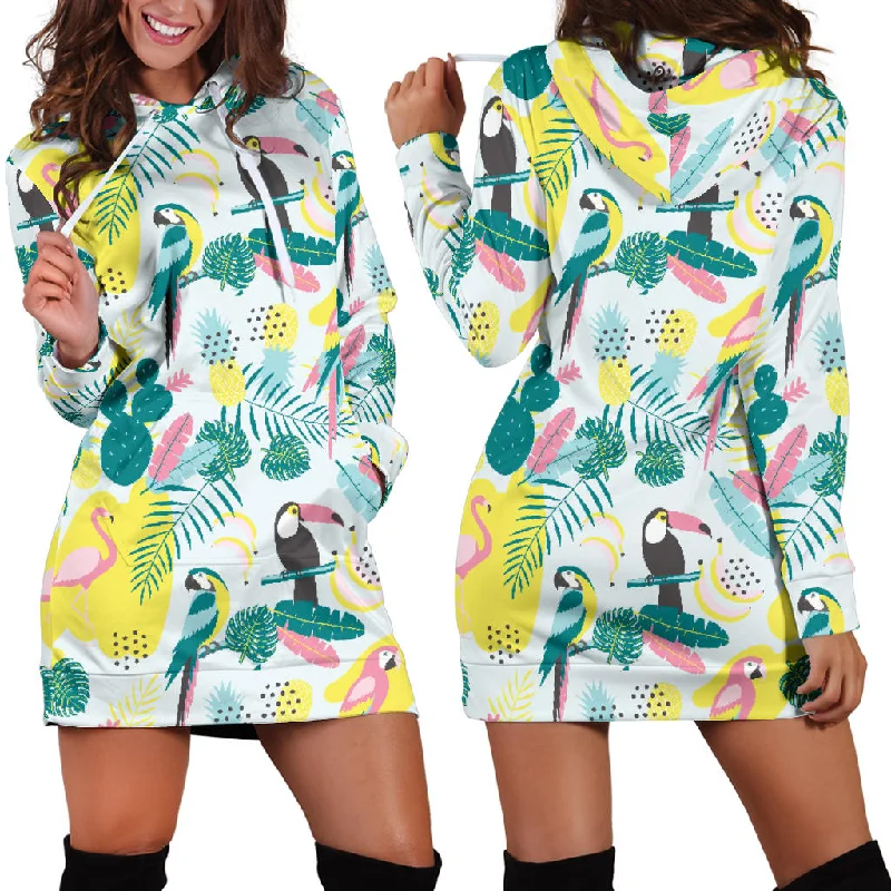 Cute Parrot Toucan Flamingo Cactus Exotic Leaves Pattern Women'S Hoodie Dress