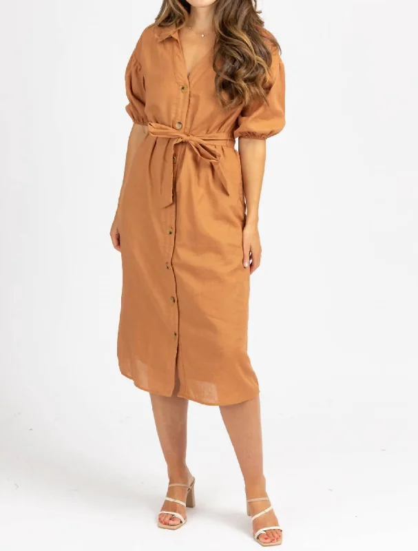 Collared Waist Tie Midi Dress In Auburn