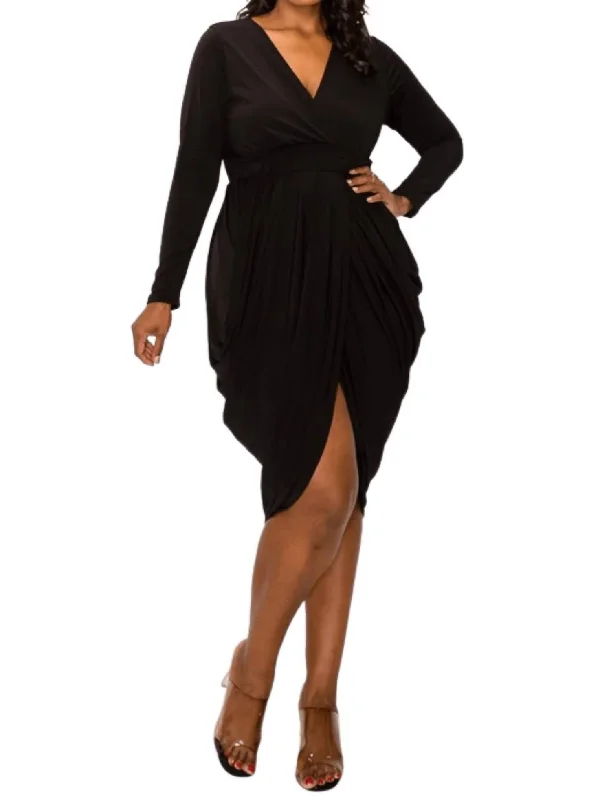 Wrap Style Draped Midi Dress In Black