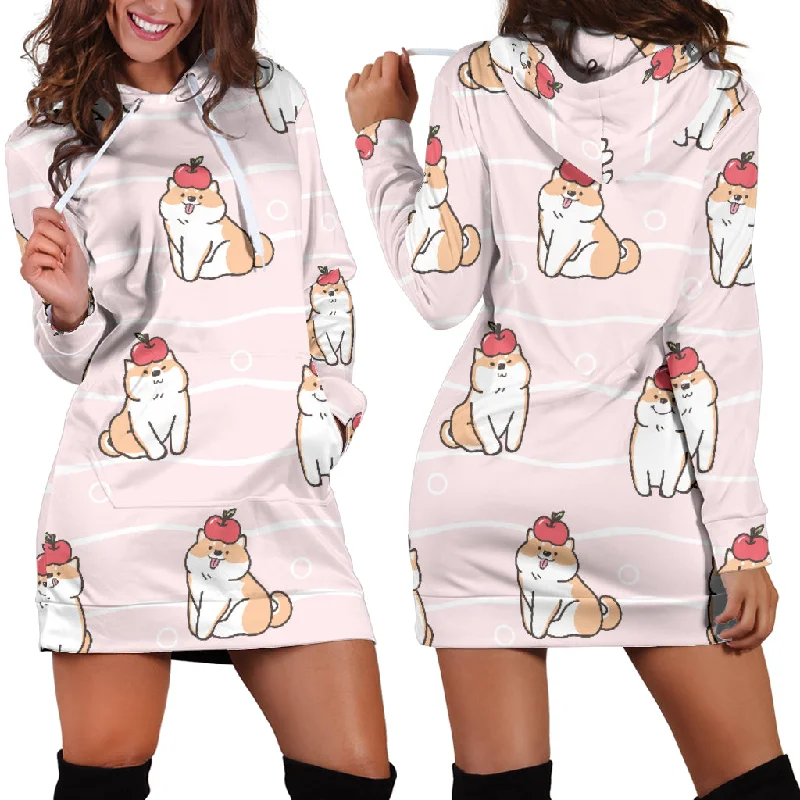 Cute Shiba Inu Dog Apple Pattern Women'S Hoodie Dress