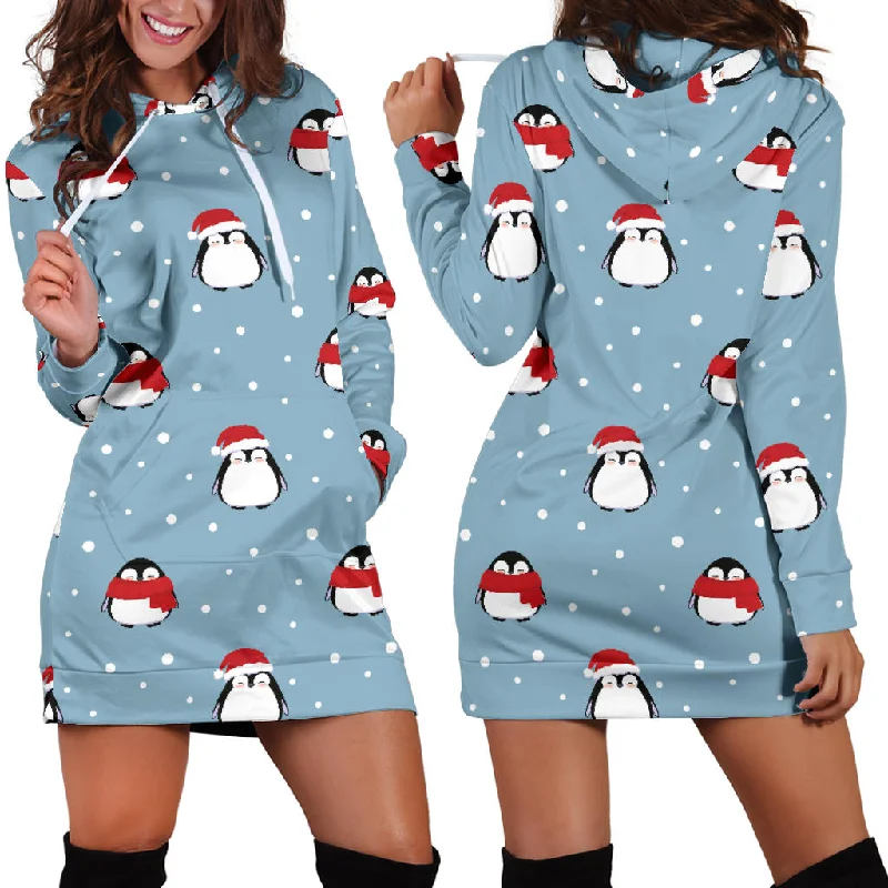 Cute Penguin Christmas Snow Pattern Women'S Hoodie Dress