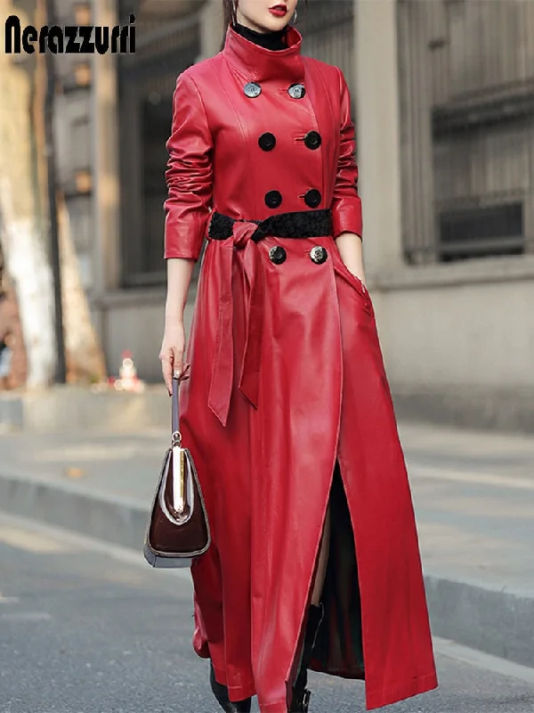 Autumn Maxi skirted leather trench coat for women Long Sleeve