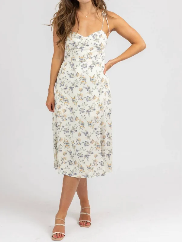 Floral Tie Strap Midi Dress In Ivory