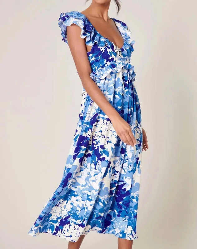 Beauty And Grace Floral Midi Dress In Blue And Ivory