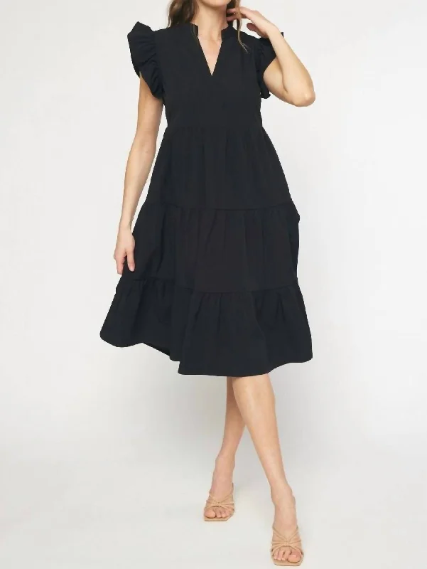 Ruffle Shoulder Midi Dress In Black