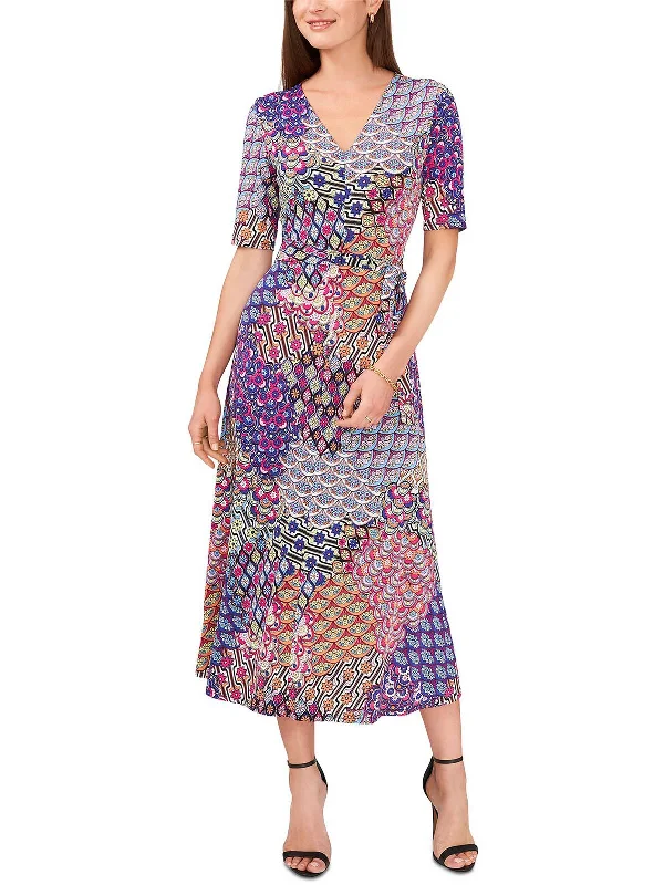 Petites Womens Jersey Printed Midi Dress