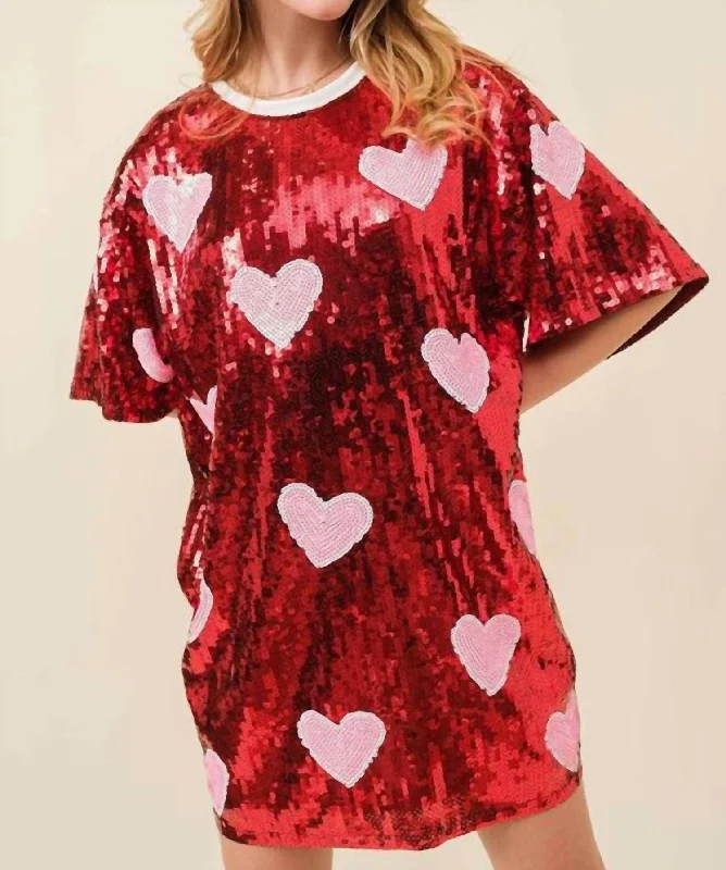 Valentine's Day Heart Print Sequin Tunic Top Dress In Red/pink