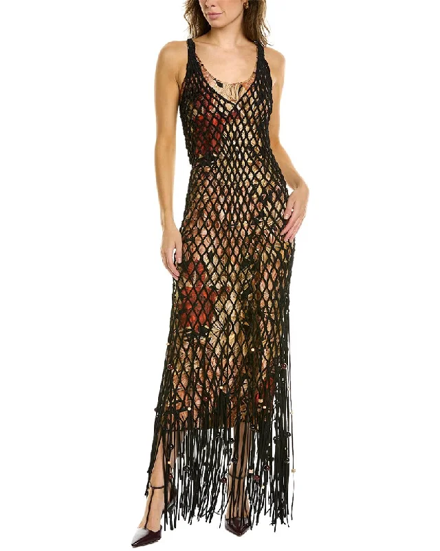 Ferragamo Suede & Silk Fishnet Maxi Dress