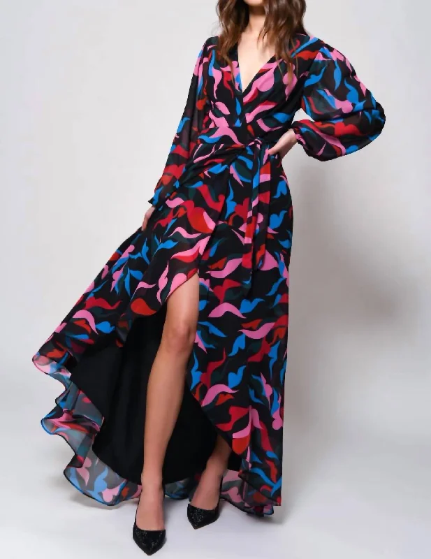 Bridge Dress In Multi Squiggle Leaves Chiffon