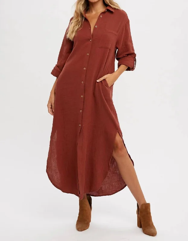 Maxi Gauze Shirt Dress In Brick