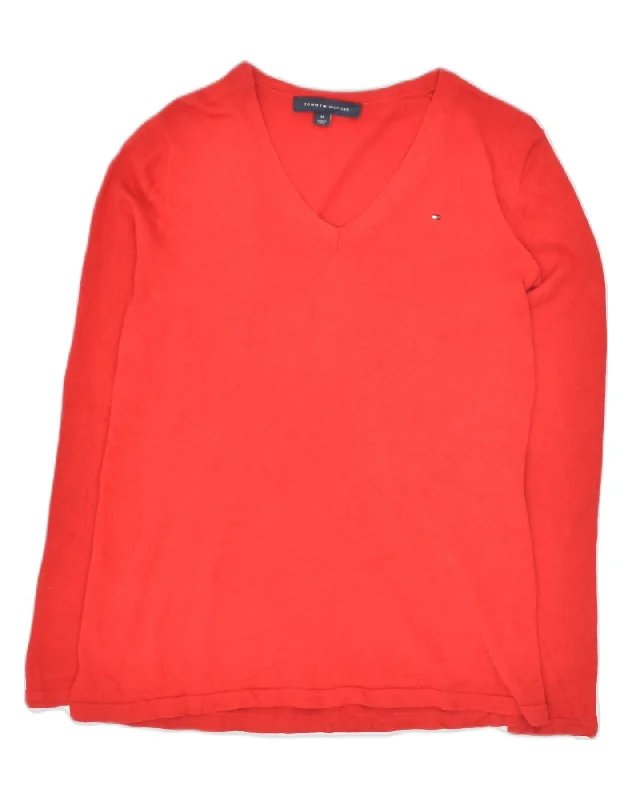 TOMMY HILFIGER Womens V-Neck Jumper Sweater UK 12 Medium Red Cotton