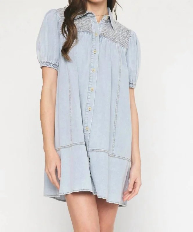 Collared Button Up Mini Dress In Denim