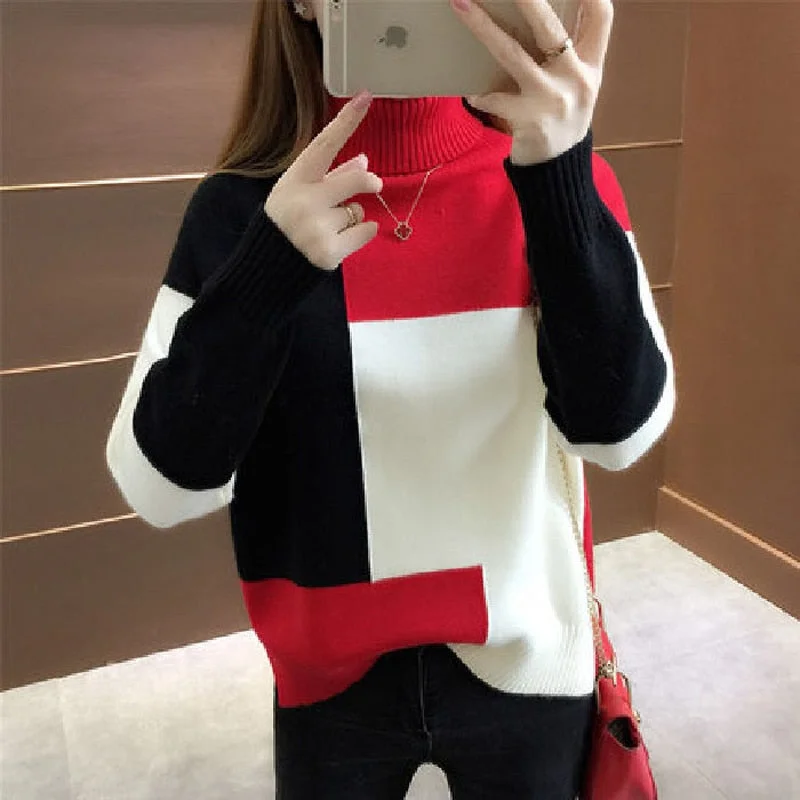 Patchwork Women Pullover Sweater Autumn Loose O Neck