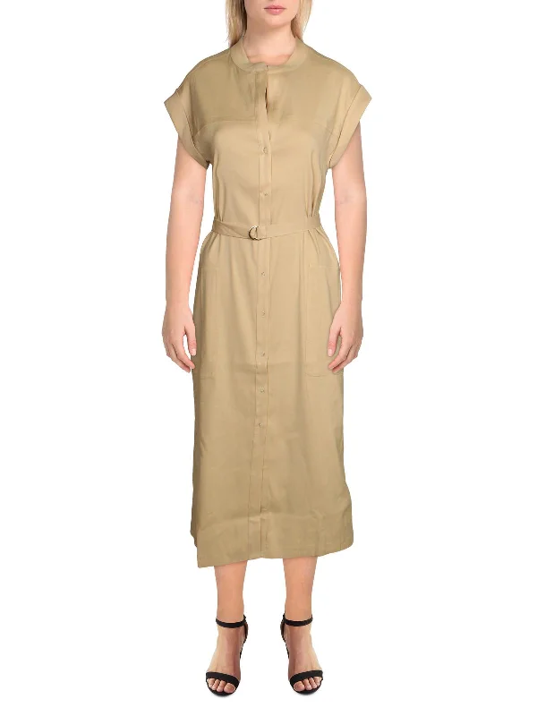 Womens Linen Blend Rolled Sleeves Midi Dress