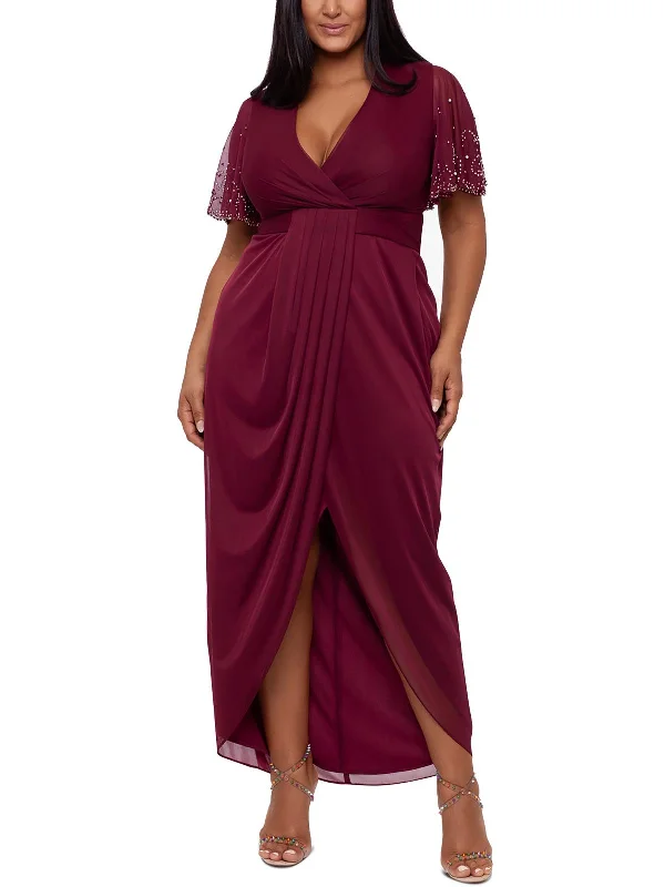 Plus Womens Faux Wrap Pleated Evening Dress