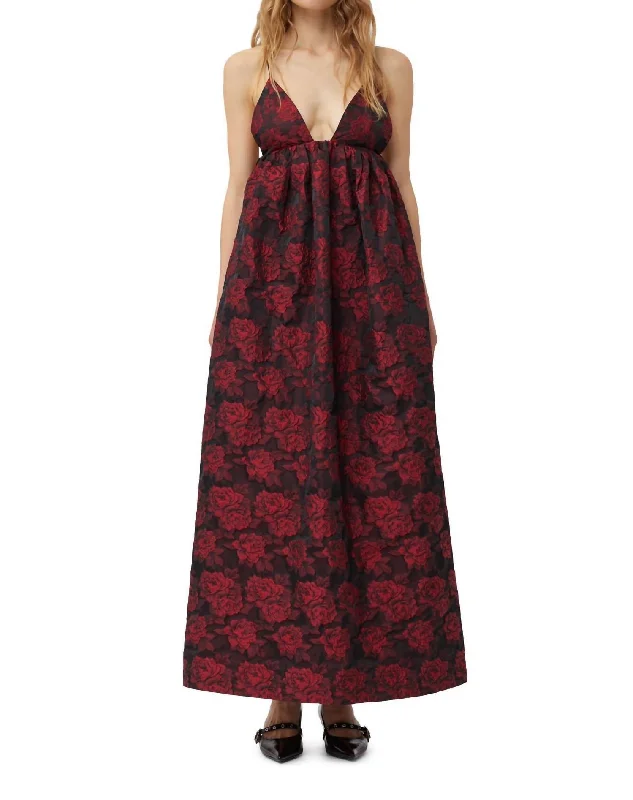 Botanical Jacquard Long Strap Dress In High Risk Red