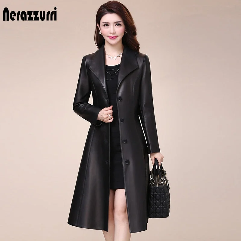 Spring autumn long black soft faux leather coat women long sleeve