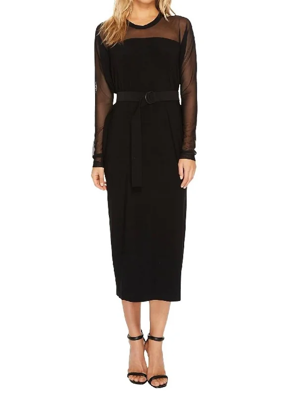 Long Box Dress With Belt In Black/black Mesh