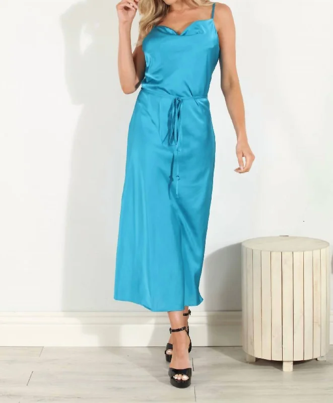 Luxe Satin Cowl Bias Dress In Cyan