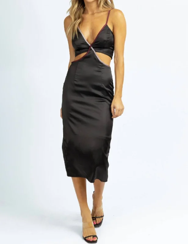 Contrast Trim Satin Midi Dress In Black