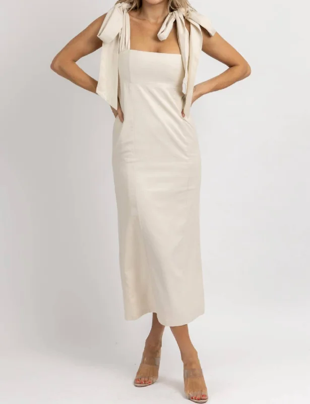 Ella Linen Bow Strap Midi Dress In Taupe