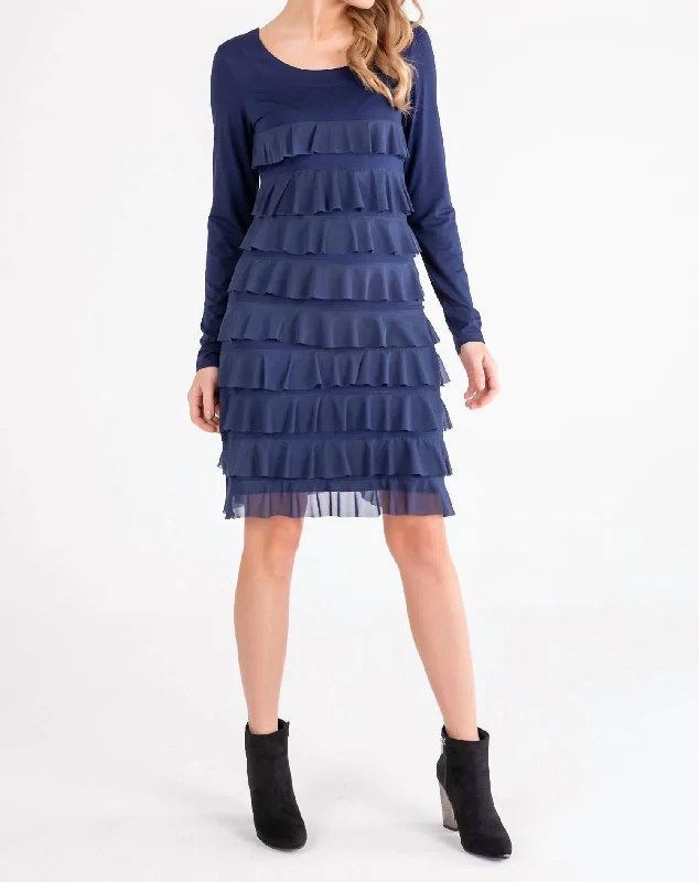 Layered Ruffle Long Sleeve Dress In Navy Mesh