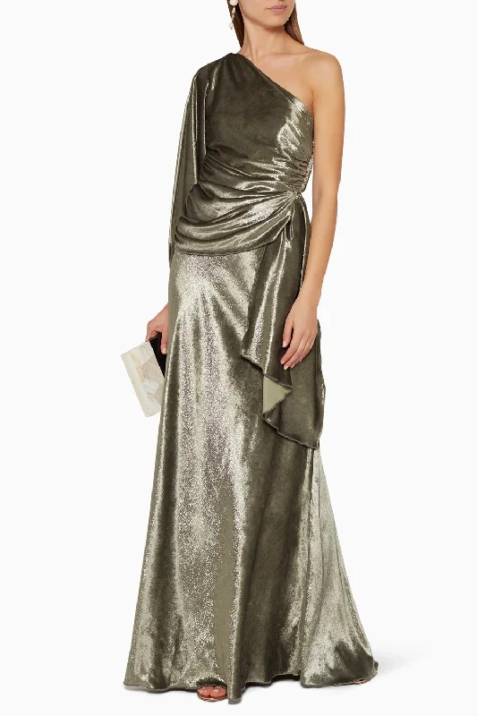 Amaris Velvet One Shoulder Gown In Khaki