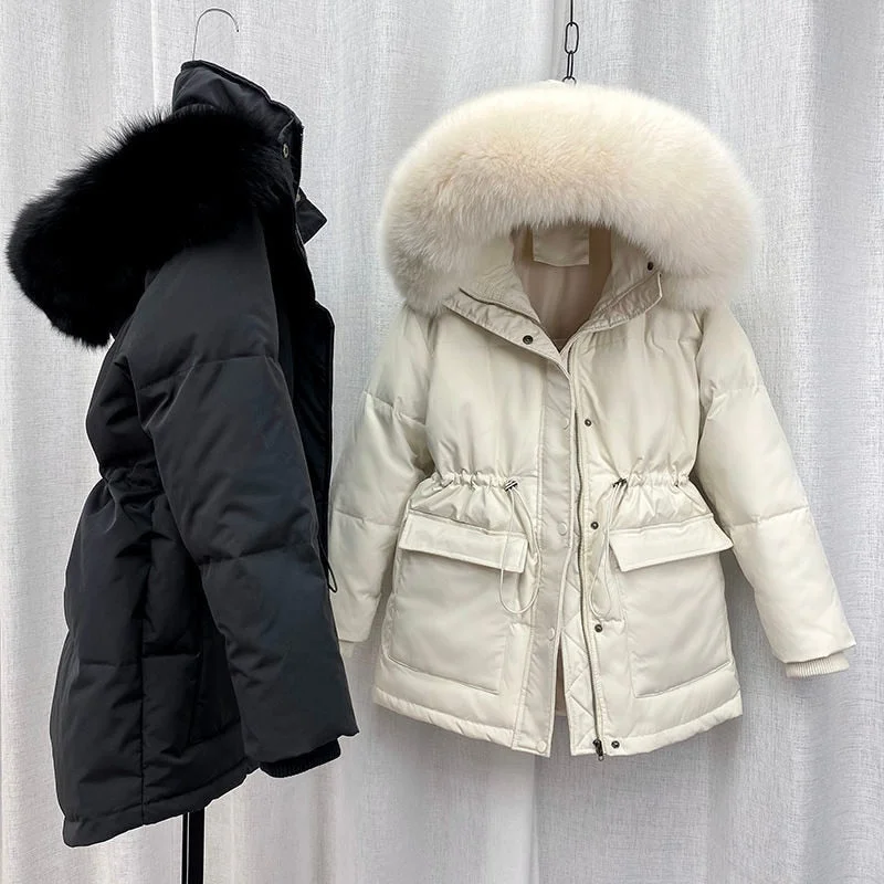 Cotton Padded Fur Parka Big Fur Collar Down Winter Jacket Women