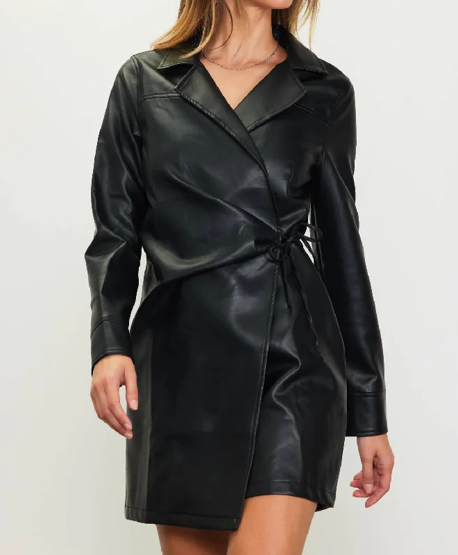 Long Sleeve Faux Leather Wrap Dress In Black