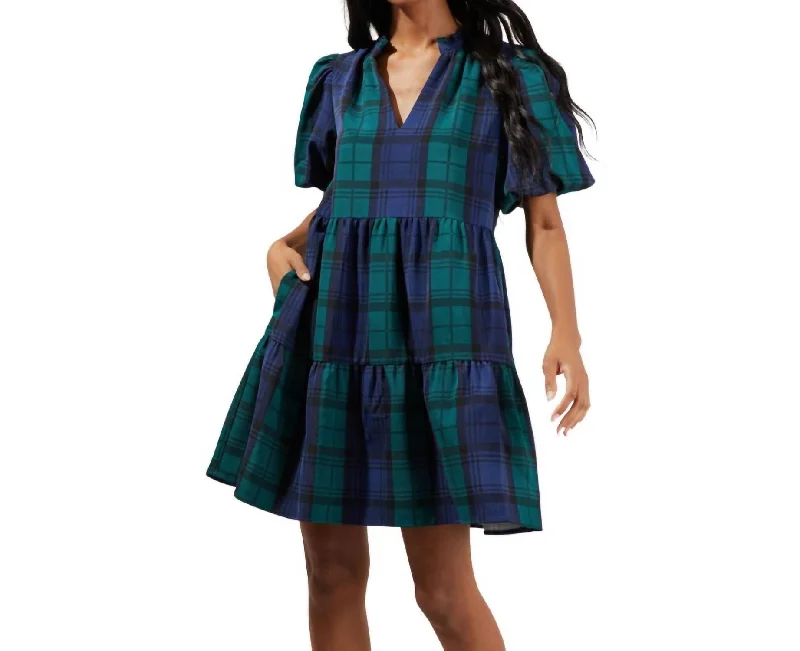 Jacey Babydoll Mini Dress In Hudson Plaid